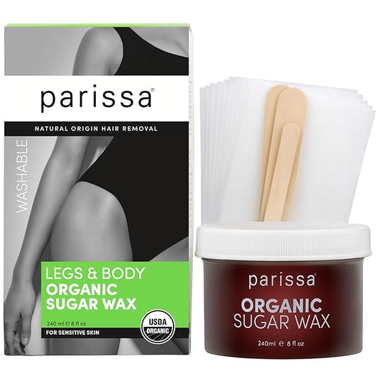 Parissa Organic Sugar Wax Kit for Legs & Body | USDA Certified, Vegan, Hypoallergenic, Microwavable & Water-Washable | Gentle & Beginner-Friendly | 30 Reusable Strips, 3 Spatulas, 240ml (8 Fl Oz) Wax