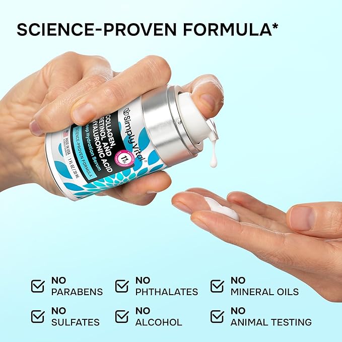 SimplyVital Collagen, Peptide & Retinol Moisturizer for Face, Neck & Décolleté – Lightweight Hydration for Daily Care – Made in USA – Hyaluronic Acid Cream – 1 fl.oz