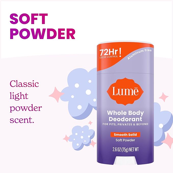 Lume Whole Body Deodorant - Smooth Solid Stick - 72 Hour Odor Control - Aluminum Free, Baking Soda Free and Skin Loving - 2.6 Ounce (Pack of 3) (Soft Powder)