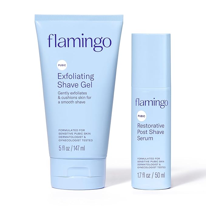 Flamingo Pubic Hair Shaving Skin Care Set, Exfoliating Shaving Gel for Women 5 fl oz with Restorative Post Shave Serum 1.7 fl oz