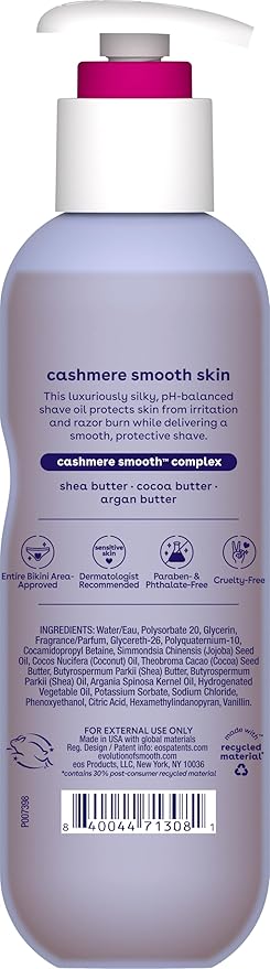 eos Cashmere Shave Oil, Vanilla Cashmere, Soothing Moisturizing, Prevents Irritation and Razor Burn, Bikini Area-Approved, Body Care, 6 fl oz