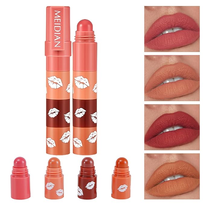 Queen Diary 4PCS Velvet Matte lipstick for women，Peach, Pure White Water, Brick Red, and Naked Orange lip stain，Waterproof lipstick long lasting Makeup Gift Sets（Set A）