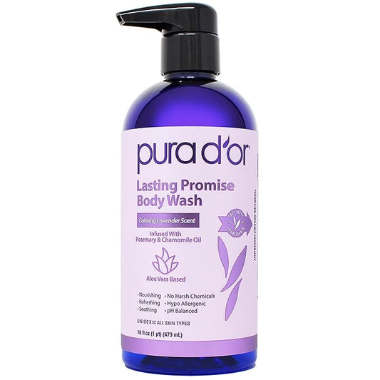 PURA D'OR 16 Oz Lasting Promise Body Wash – Calming Lavender Scent – Aloe Vera Based, Infused with Rosemary & Chamomile Oil – pH Balanced, Sulfate-Free, Hypoallergenic, Vegan – For Men & Women
