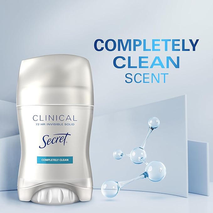 Secret Clinical Strength Antiperspirant Deodorant for Women, 3X Stress Protection, 72hr Sweat & Odor Protection, PH Balancing Minerals, Invisible Solid, Completely Clean Scent, 1.6 oz