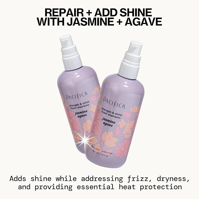 Pacifica Jasmine Agave Strength & Shine Foaming Shampoo – Repairing Foam Shampoo for Dry, Damaged or Bleached Hair, Deep Clean & Glossy Finish, Clean Beauty Vegan & Cruelty-Free Dermatologist Tested