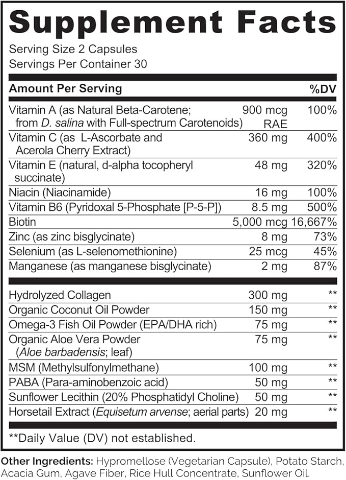 NATURELO Hair, Skin and Nails Multivitamin - 5000 mcg Biotin, Collagen, Natural Vitamin E - Supplement for Healthy Skin, Hair Growth for Women and Men – 60 Capsules