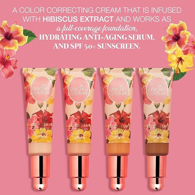 Rachel Couture CC Cream | Color Correcting Cream with Hyaluronic Acid | Full Coverage Foundation & Hydrating Anti-Aging Serum | Vegan & Cruelty Free - 1.18 Fl Oz - Medium