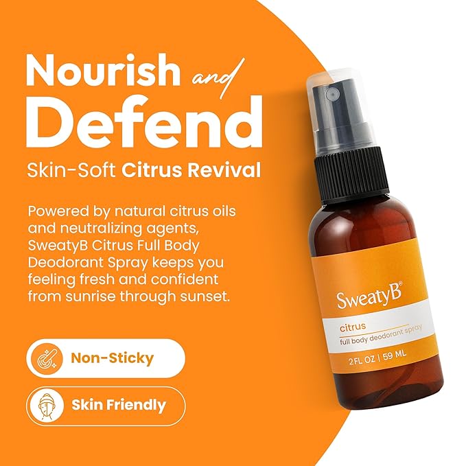 SweatyB® deodorant spray - Odor Protection with whole body deodorant for women & men - Travel Size, Skin-Safe, Vegan & Made in USA - Citrus body spray - 2 Oz - Pack of 2