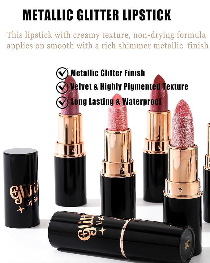 Red Metallic Glitter Lipstick Long Lasting, Diamond Nude Shimmer Lip Gloss High Pigmented Brown Matte Lip Stick for Women, Sparkling Shiny Transfer Proof Non Stick Tinted Lip Color Balm Makeup-05
