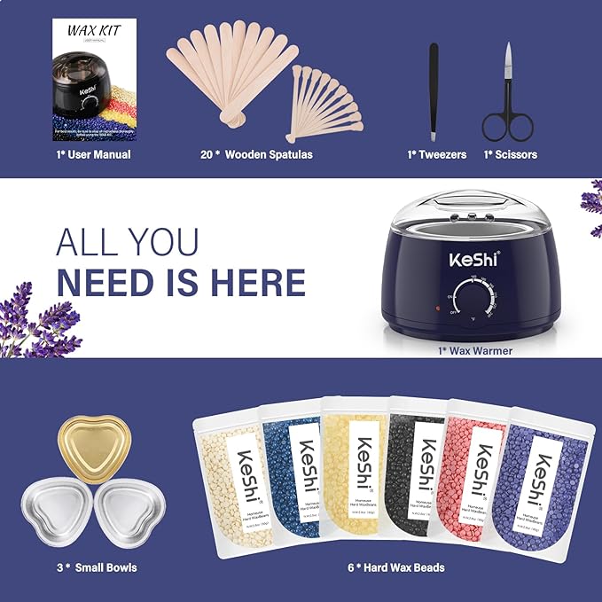 KeShi Waxing Kit, Painless Hair Removal Wax Warmer with 6 Bags Hard WaxBeans for Full Body, Legs, Face, Eyebrows & Bikini— Ideal for Both Women & Men(Navy Blue)