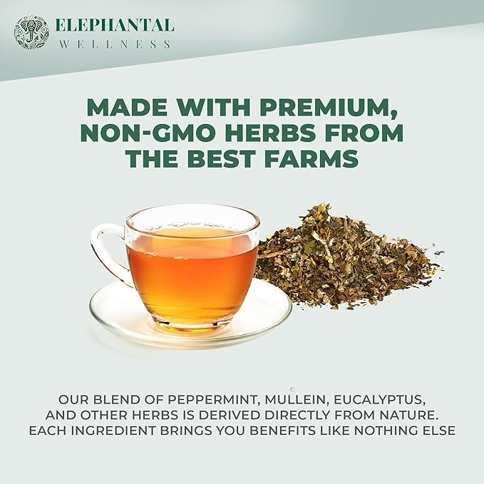 Elephantal Wellness Premium Respiratory Herbal Tea | Lung Detox, Mucus Cleanse & Breathing Support with Mullein, Eucalyptus, Thyme & Lungwort | Handmade, Caffeine-Free, Non-GMO Loose Leaf Blend, 2oz, 20 Servings