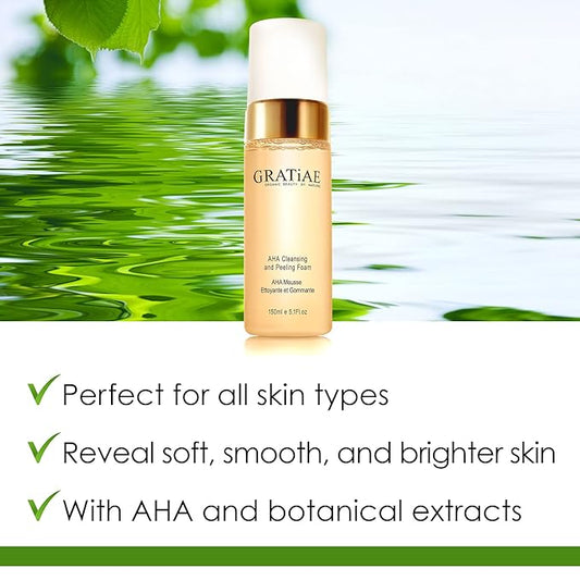 Gratiae organics, AHA Cleansing and Peeling Foam face wash, non-drying facial cleanser for sensitive, acne & allergy prone and all Skin Types, facial cleanser. 5.1 Fl. Oz