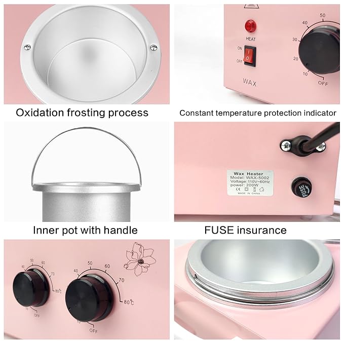 Portable Wax Warmer Machine for Painless Hair Removal, Women Men Professional Wax Heater with Adjustable Temperature Set, 40pcs Sticks (Pink - Double Pots)