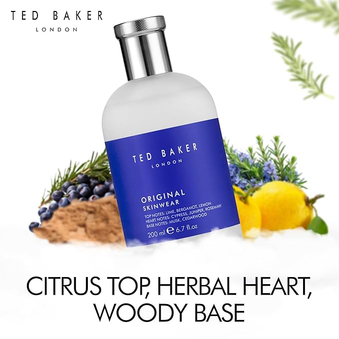 Ted Baker Skinwear EDT, woody masculine fragrance, zesty lime, bergamont and lemon top notes with sandalwood, amber and cedar base notes, 6.76 fl oz