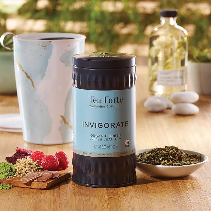 Tea Forte Invigorate Premium Organic Loose Leaf Caffeinated Green Tea Blend Canister, Makes 35-50 Cups