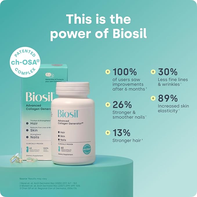 Biosil Collagen Booster Supplement - 120 Liquid Capsules - Patented ch-OSA Activator for Skin, Hair, Nails & Joints - Supports Natural Production - 60-Day Supply