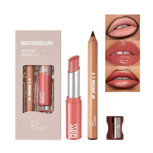 2Pcs Lipstick and Lip Liner Combo, Lip Liner and Lip Gloss Kit for Women, Matte Lip Pencil and Smooth Hydrating Lipstick with Sharpener, Non-Stick Lip Makeup Set