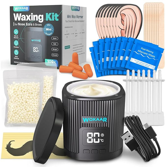 Nose Wax Kit for Eyebrow and Ear Hair | 100gWax, 50 Face Waxing Sticks | USB-C(5V/2A) Wax Warmer | Hair Removal Kit for Men & Women | 15 Pre/Post Wipes, Ear and Mustache Guards & Earplug