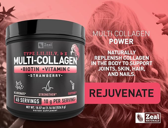 Premium Multi Collagen Peptides Protein Powder (1, 2, 3, 5 & 10) with Vitamin C, Biotin, Hyaluronic Acid, for Hair Skin and Nails - Marine, Bovine, Chicken & Eggshell (Strawberry, 45 Servings)