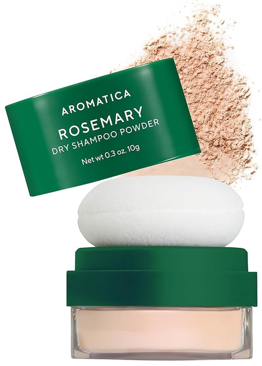 AROMATICA Rosemary Dry Shampoo Powder - Travel Size Dry Shampoo with Panthenol and Biotin for Hair | Volumizing, Non Aerosol & Talc Free, Korean hair care, dry shampoo for women (10g/0.3oz)