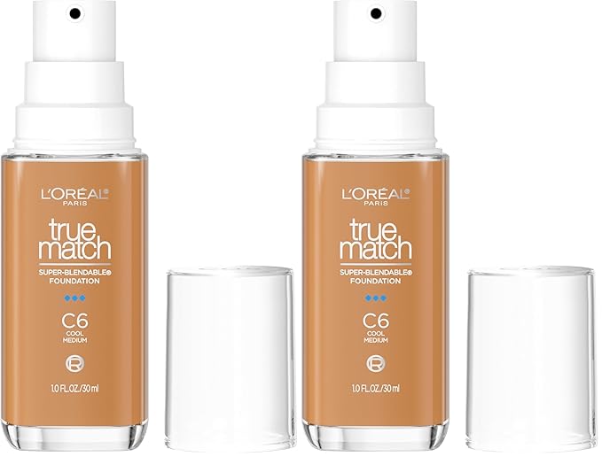 L'Oreal Paris True Match Super-Blendable Foundation, Medium Coverage Liquid Foundation Makeup, C6, Medium, 1 Fl Oz (Pack of 2)