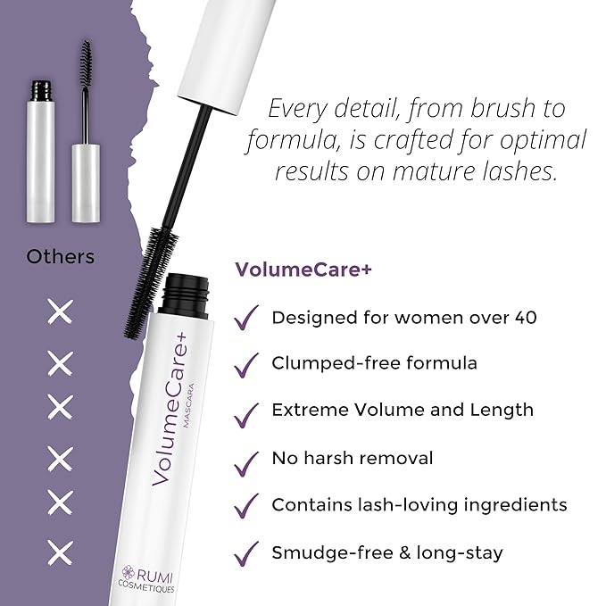 Rumi Cosmetiques VolumeCare+ Mascara For Mature Women - Extreme Length and Volume 2-in-1 Formula - No Clumps or Flaking, Long-Wearing, Hypoallergenic Mascara For Sensitive Eyes (Dark Brown)