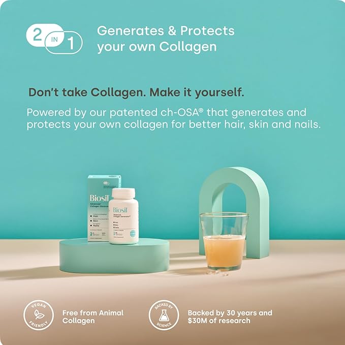 Biosil Collagen Booster Supplement - 60 Vegan Capsules - Patented ch-OSA Activator for Skin, Hair, Nails & Joints - Supports Natural Production - 30-Day Supply