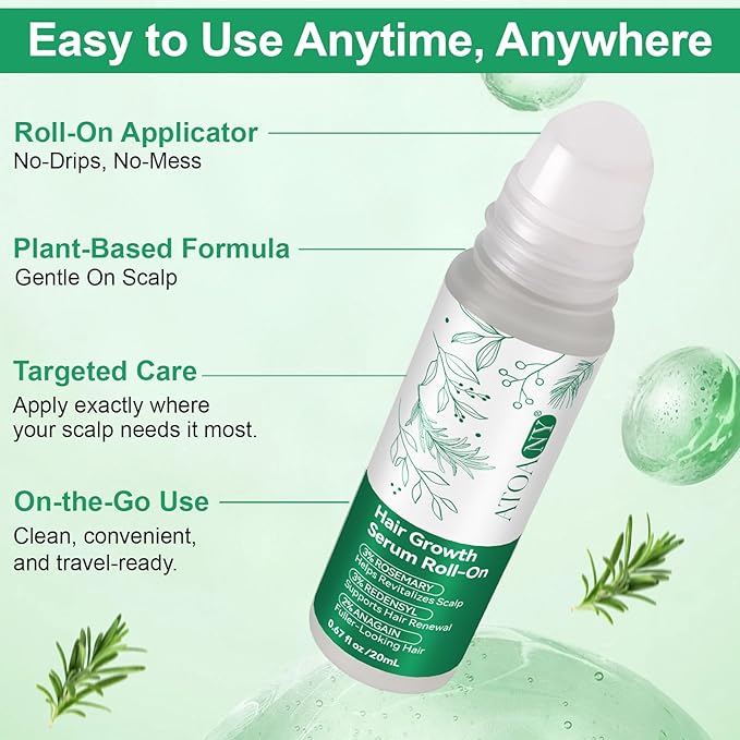 Hair Growth Serum Roll On – Rosemary Oil for Hair Growth with Redensyl & Anagain, DHT-Blocking Serum for Thicker, Stronger Hair & Reduced Hair Fall for Men & Women