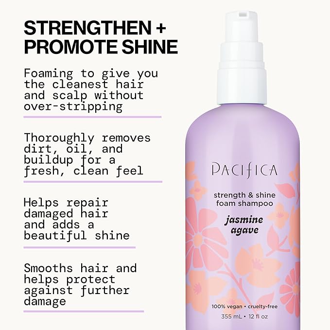Pacifica Jasmine Agave Strength & Shine Foaming Shampoo – Repairing Foam Shampoo for Dry, Damaged or Bleached Hair, Deep Clean & Glossy Finish, Clean Beauty Vegan & Cruelty-Free Dermatologist Tested
