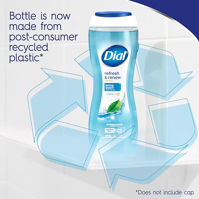 Dial Body Wash, Refresh & Renew Spring Water, 16 Fl Oz (Pack of 4), Hydraclean Complex & Vitamin E, Gentle, Leaves Skin Feeling Nourished, Dermatologist-Tested, No Parabens & Sulfates