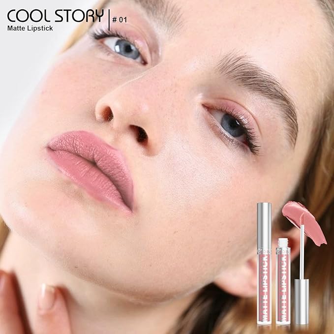 COOL STORY Matte Lip Stain Tint Highly Pigmented Color Long-Lasting Waterproof Nude Peach (01