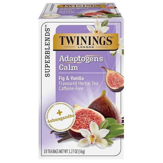Twinings Superblends Adaptogens Calm with Ashwagandha Fig & Vanilla Flavoured Herbal Tea Caffeine-Free, 18 Tea Bags (Pack of 1), Enjoy Hot or Iced