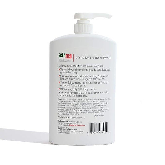 SEBAMED Paraben-Free Face and Body Wash With Pump for Sensitive and Delicate Skin pH 5.5 Ultra Mild Dermatologist Recommended Cleanser 33.8 Fluid Ounces (1 Liter) Pack of 3
