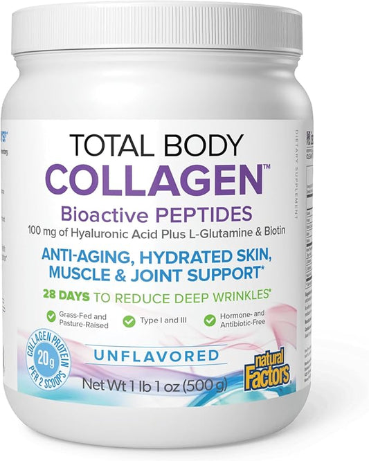 Natural Factors Total Body Collagen Bioactive Peptides Powder for Healthy Skin, Hair & Joints, Unflavored, 500 g