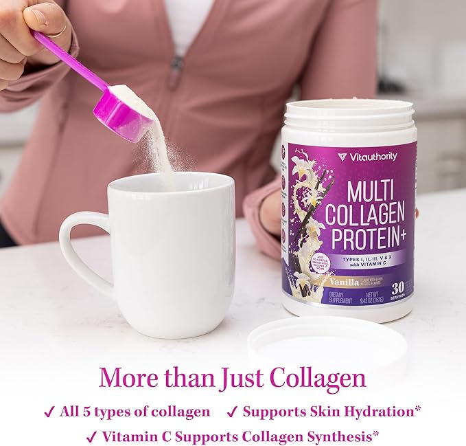 Multi Collagen Peptides Powder for Women - Hydrolyzed Collagen Powder for Women with Types I II III Plus Vitamin C & Hyaluronic Acid for Beautiful Hair Skin and Nails 30 Servings Vanilla Flavored