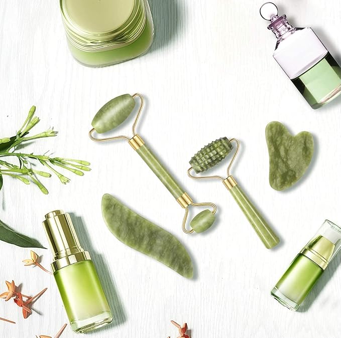 4-pcs Jade Roller & Gua Sha Set, Facial Roller Massager with Gua Sha Scraping Tool, Jade Stone Massager for Anti-aging, Slimming & Firming, Rejuvenate Face and Neck, Remove Wrinkles & Eye Puffiness