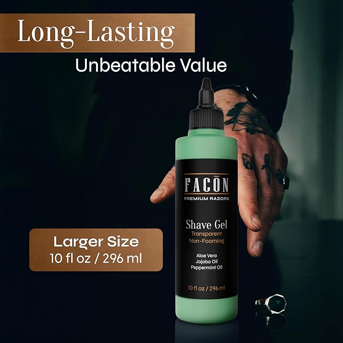 Facón Transparent Shaving Gel for Men with Aloe Vera, Cooling Menthol, Peppermint & Jojoba Oil Scent – Clear Non Foaming Straight Razor Shave Gel, Barber Shaving Gel to Prevent Razor Bumps, 10 fl oz