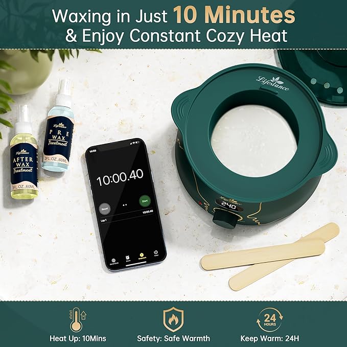 Lifestance Waxing Kit for Women & Men - L3 Emerald Alloy Digital Warmer, Silicone Wax Pot Liner, Hair Removal Kit with 14.1oz Hard Wax Beads & Oil Spray Professional for Home Brazilian Bikini Face Leg