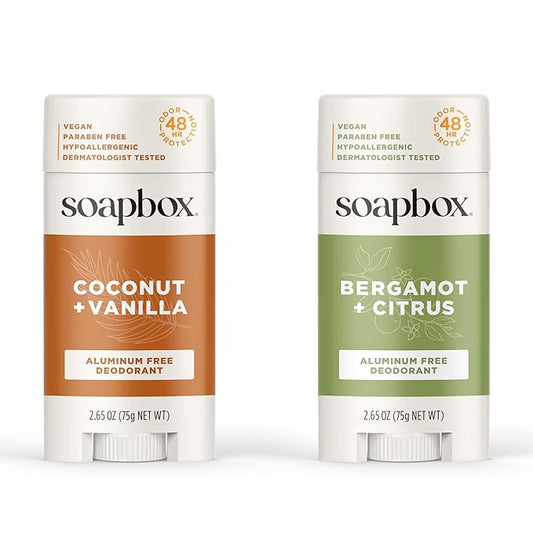 Soapbox Aluminum Free Deodorant, 2 Pack Bergamot & Citrus and Coconut & Vanilla Scented Deodorant, Scented Aluminum-Free Natural Deodorants, 2.65oz