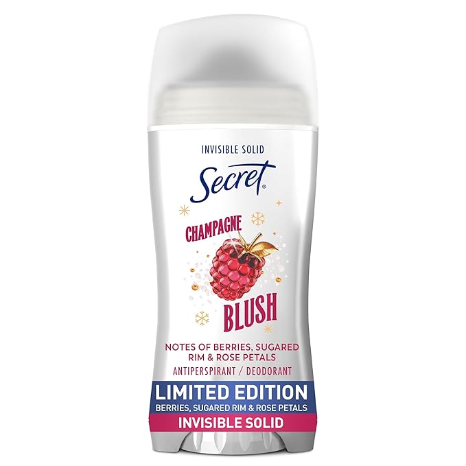 Secret Fresh Antiperspirant Deodorant for Women, 72hr Breathable Odor Protection with Pro-Hyaluronic Acid, Holiday Invisible Solid, Champagne Blush with Berries, Sugared Rim & Rose Petals Scent, 2.6oz