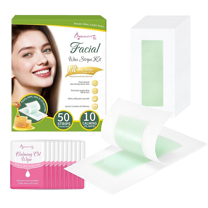 Beauty7 Facial Wax Strips-Eyebrow Wax Strips-50 Waxing Strips for Face, Lip,10 Calming Oil Wipes, Ready Use At Home Waxing Kit for All Skin Types