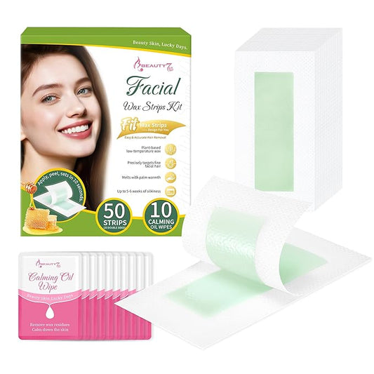Beauty7 Facial Wax Strips-Eyebrow Wax Strips-50 Waxing Strips for Face, Lip,10 Calming Oil Wipes, Ready Use At Home Waxing Kit for All Skin Types