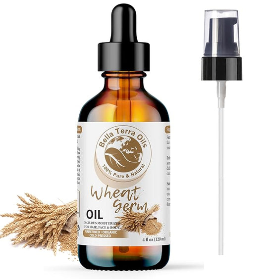 Bella Terra Oils - Organic Wheat Germ Oil 4oz - A Symphony of Vitamin E & C, Pure Essence of Face Oil, Dive into Natural Glow & Suppleness