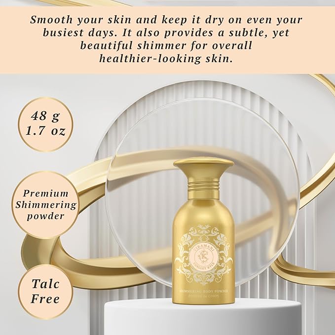 Shelley Kyle Tiramani Talc Free Shimmer Powder, Body Powder, Dusting Powder, Leaves Skin Soft, Dry, Smooth, and Shimmering, 48g