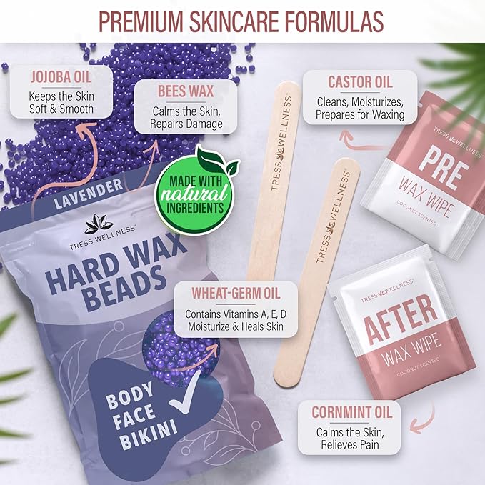 Tress Wellness Waxing Kit for Sensitive Skin – Safe for Face & Skin, Prep & Aftercare Wipes, Easy to Use – At-Home Kit for Face, Bikini, Brazilian & Full Body - Pink, No Display