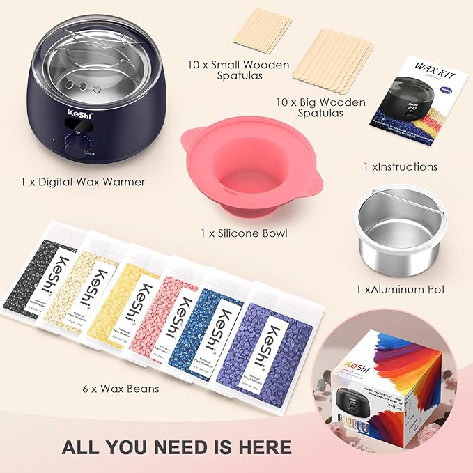 KeShi Waxing Kit for Women and Men, Digital Wax Warmer with 6 Bags Hard Wax Beads, at-Home Hair Removal Wax Kit for Full Body, Face, Eyebrow, Bikini, Legs, Brazilian & Sensitive Skin(Deep Sea)