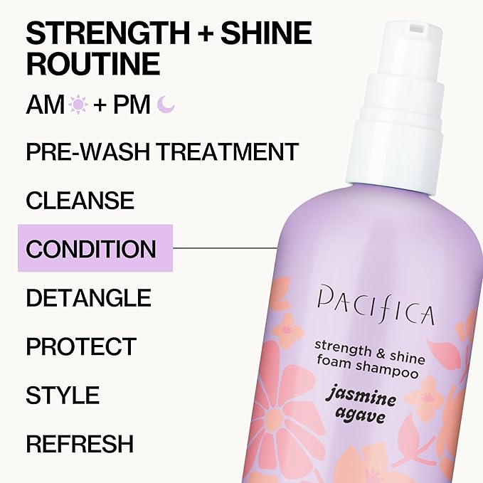 Pacifica Jasmine Agave Strength & Shine Foaming Shampoo – Repairing Foam Shampoo for Dry, Damaged or Bleached Hair, Deep Clean & Glossy Finish, Clean Beauty Vegan & Cruelty-Free Dermatologist Tested