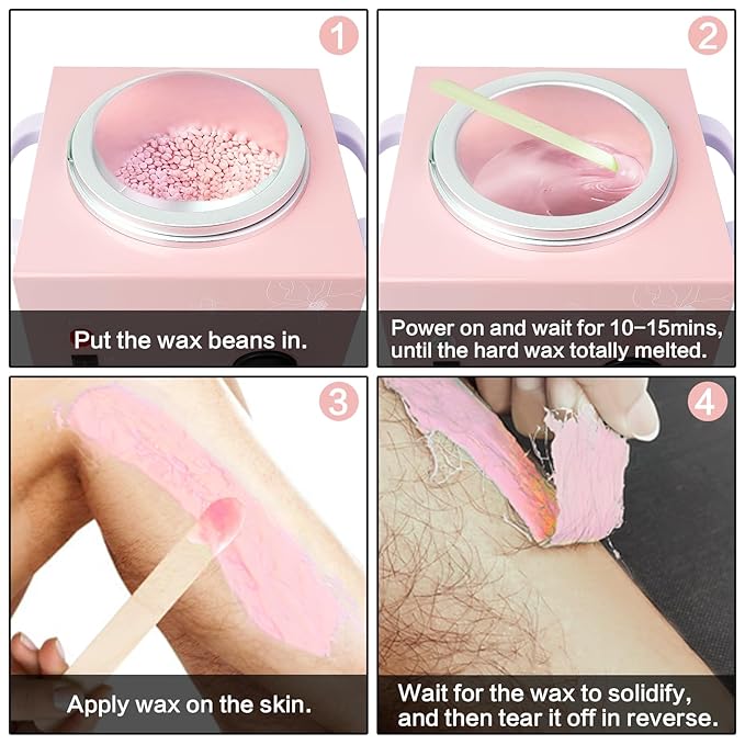 Portable Wax Warmer Machine for Painless Hair Removal, Women Men Professional Wax Heater with Adjustable Temperature Set, 20pcs Sticks (Pink - Single Pot)