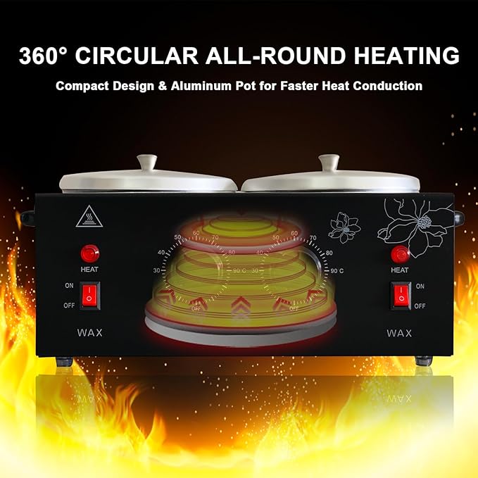Black Double Pots Wax Warmer Professional Melted Wax Beads for Hair Removal,Fast Electric Wax Heater with Adjustable Temperature Set for Women (Black-Double Pots)
