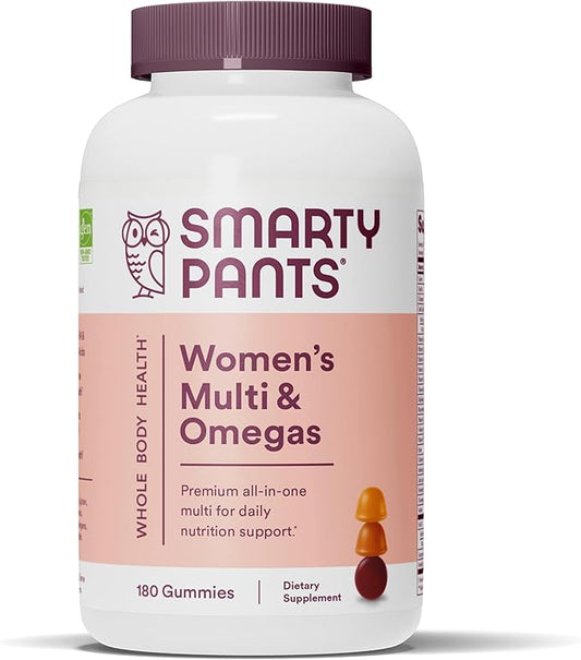 SmartyPants Women's Multivitamin Gummies: Omega 3 Fish Oil (EPA/DHA), Methylfolate, CoQ10, Vitamin D3, C, Vitamin B12, B6, A, K & Zinc, Inositol, Gluten Free, 180 Count (30 Day Supply)